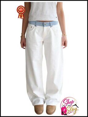 Womens Adjustable Waist Wide Leg Jeans Baggy Denim Pants